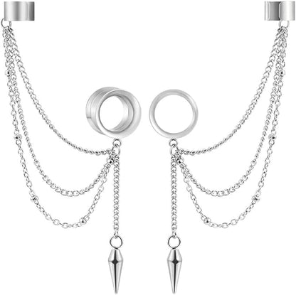 2PCS 6mm-25mm (2G-1") Trendy Cuff Clip Triple Chain Dangle Ear Plugs Gauges Screw Ear Tunnels for Women Men Hypoallergenic 316 Stainless Steel Ear Body Piercing Jewelry - size: 10mm/00g