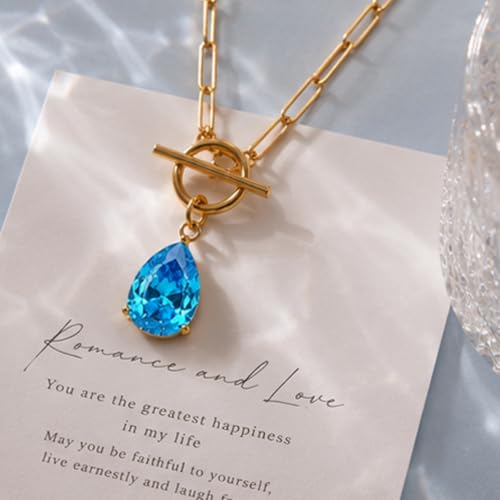 Teardrop CZ Pendant Paperclip Chain Necklace 18K Plated Paperclip Toggle Necklace Jewelry Birthstone Gift for Women - color: Sapphire-September