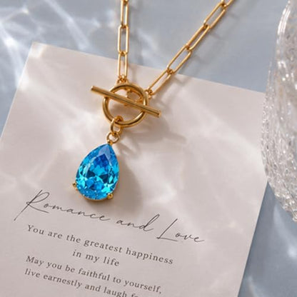 Teardrop CZ Pendant Paperclip Chain Necklace 18K Plated Paperclip Toggle Necklace Jewelry Birthstone Gift for Women - color: Sapphire-September