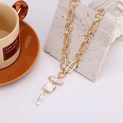 Statement Pearl and Chain Necklace,Mixed Chain and Trendy Organic Pearl Choker,Chunky Necklaces for Women