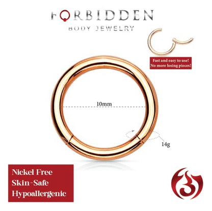 Forbidden Body Jewelry 316L Surgical Steel Hinged Seamless Nose Rings Hoop 14G 16G 18G, Diameter 6mm 8mm 10mm 12mm, Gold/Rose Gold/Silver/Black/Rainbow Colors. - style: 14g 10mm - Rose Gold