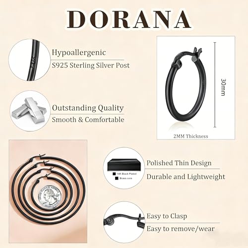 2mm Thin 14K Gold Plated Large S925 Sterling Silver Hoop Earrings for Women Hypoallergenic Big Hoop Non Tarnish Earrings Lightweight 20/30/40/50/60/70mm - color: Black-30mm