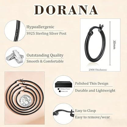 2mm Thin 14K Gold Plated Large S925 Sterling Silver Hoop Earrings for Women Hypoallergenic Big Hoop Non Tarnish Earrings Lightweight 20/30/40/50/60/70mm - color: Black-30mm