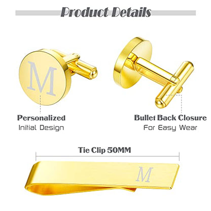 LOYALLOOK Black Initial Cufflinks and Tie Clip Set for Men Personalized Copper Cuff links and Tie Bar Letter Alphabet A-Z Gift for Father Husband Valentine Gifts for Men - color: M