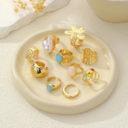 Chunky Gold Rings for Women Non Tarnish, Baroque Pearl Flower Tiger's Eye Stone Rings Adjustable Stacking Statement Rings Set Fashion Jewelry Gifts - style: Chunky Flower