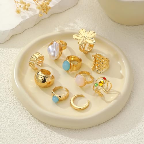 Chunky Gold Rings for Women Non Tarnish, Baroque Pearl Flower Tiger's Eye Stone Rings Adjustable Stacking Statement Rings Set Fashion Jewelry Gifts