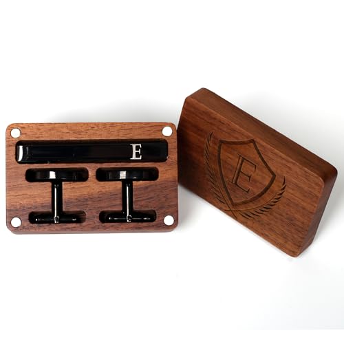 Mens Initial Cufflinks and Tie Clip A-Z Alphabet Letter Black Stainless Cuff Links Tie Bar with Engraved Walnut Wood Box Groom Groomsman Wedding Set - style: Classic-E