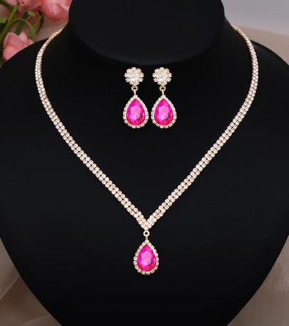 Elegant Silver Crystal Wedding Necklace Earrings Bracelet Jewelry Set for Women Brides Bridesmaids Prom Party Costume Accessory Bridal Jewelry - color: gold tone-hot pink