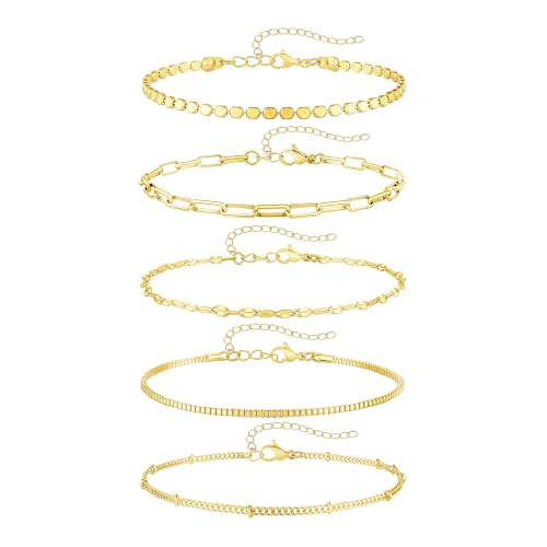 Fesciory 14K Gold Ankle Bracelets for Women, Layered Stackable Anklet Set | 6 Pcs Anklet Set, Layered Ankle Bracelet, Cuban Link Design, Stackable Plus Size, Adjustable Fit, Summer Beach Jewelry - color: Set4-Gold 5Pcs