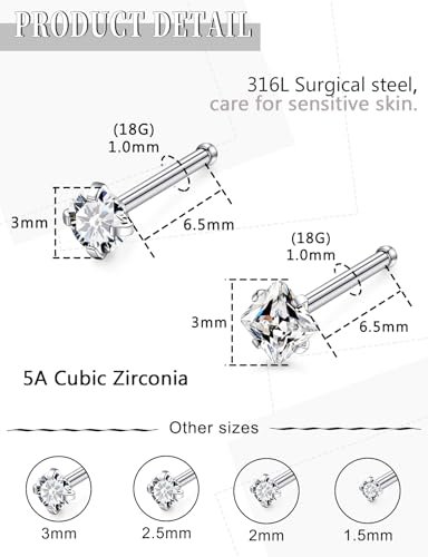 18G 20G 14K Gold Filled Nose Rings Studs Piercing Jewelry For Women Men 316L Surgical Steel Round Square Cubic Zirconia Nose Rings Studs Nostrial Piercing Jewelry CZ 1.5mm 2mm 2.5mm 3mm - color: Silver, size: 18 Gauge-Straight-Round and Square CZ