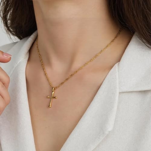 Small Cross Pendant Necklace for Women, 18" + 2" Wave Chain Stainless Steel - color: Gold