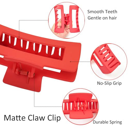 Hair Accessories Set Pack of 6 – 3 Medium Hair Clips for Women, 3 Big Satin Scrunchies for Hair, Non-Slip Matte Square Hair Claw Clips, Back to School, Birthday Gift, Daily Use (Red) - color: Red