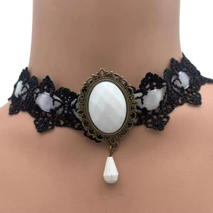 CSIYANJRY99 Gothic Choker Necklace for Women Halloween Red Crystal Vampire Choker Steampunk Lace Choker Witch Costume Accessories - style: White