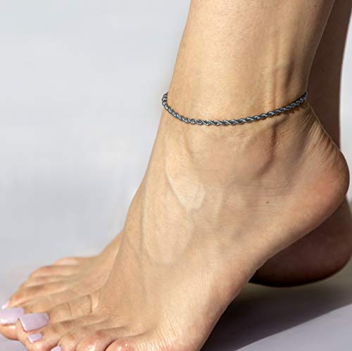 LIFETIME JEWELRY Womens Gold Anklet 3mm Rope Chain Ankle Bracelet 24k Real Gold Plated - color: White Gold