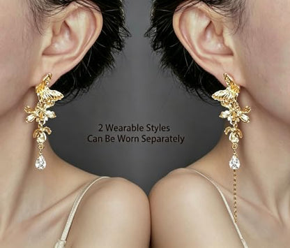 Vintage Gold Butterfly Ear Climbers Detachable Tassel Teardrop CZ Drop Chain Dangle Earrings for Women Party Jewelry