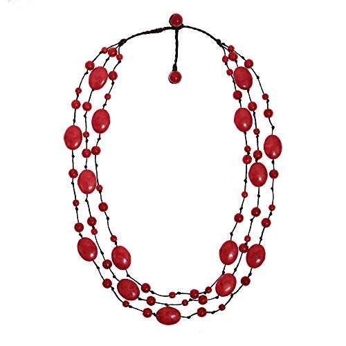 AeraVida Amazing Triple Layer Reconstructed Red Coral on Cotton Rope Statement Necklace | Red Coral Statement Necklace for Women | Triple Layer Red Coral Necklace