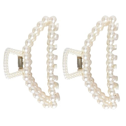 2Pcs White Large Pearl Hair Clip for Thick Hair,Girls Big Hair Claw Clips For Hair,Faux Pearl Claw Clips,Neutral Hair Clips Fashion Hair Accessories Headwear Styling Tools for Party Wedding