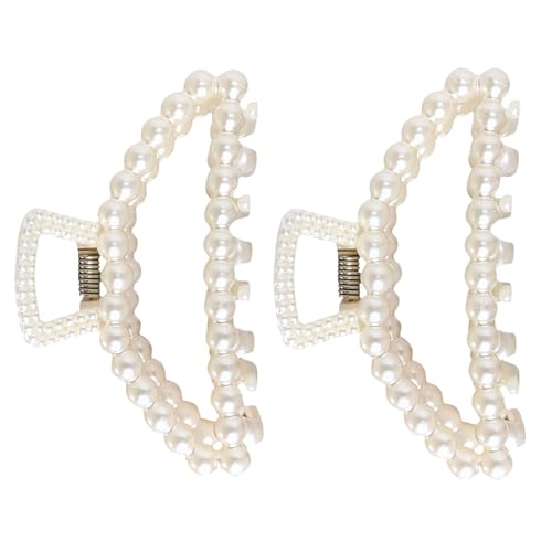 2Pcs White Large Pearl Hair Clip for Thick Hair,Girls Big Hair Claw Clips For Hair,Faux Pearl Claw Clips,Neutral Hair Clips Fashion Hair Accessories Headwear Styling Tools for Party Wedding