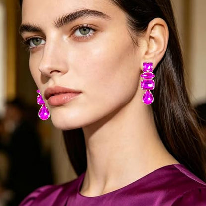 Dainty Sparkly Crystal Square Teardrop Circle Dangle Drop Earrings Long Chic Glitter Rhinestones Geometry Stud Earrings For Women - style: Rose Red