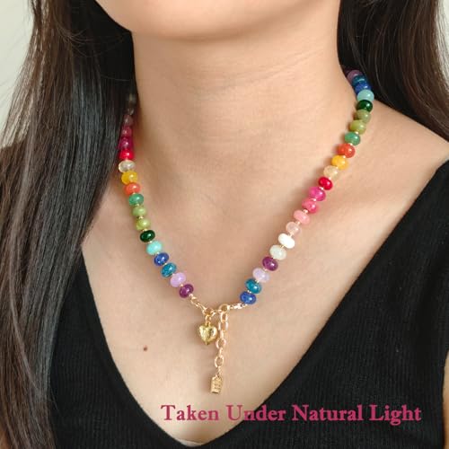 Boho Gemstone Beaded Necklace for Women – Colorful Natural Stone Choker 18K Solid Heart-Shaped Pendant, Summer Beach Jewelry - color: All things cute