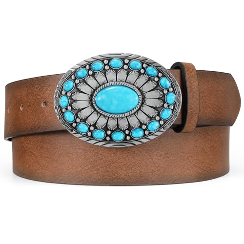 XZQTIVE Women Western Leather Belt Vintage Country Belts For Cowgirl Jeans Dresses Ladies Concho Belt With Turquoise Buckle - size: S Fit Pant 25-29in, style: Coffee With Silver Turquoise Buckle