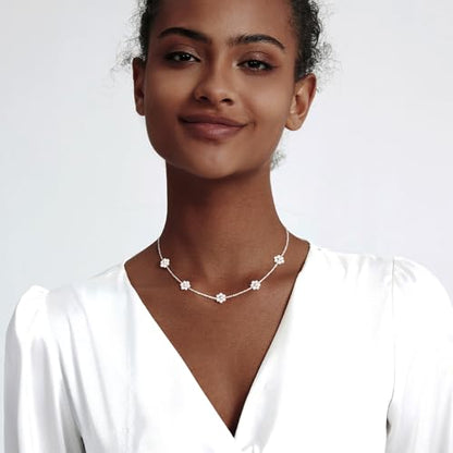 Zeffy Pearl Necklace 4MM/6MM/8MM Dainty Round Imitation Pearl Choker Necklace Wedding Pearl Necklace Delicate Jewelry for Women Simple Bridesmaid Jewelry Gifts - style: Silver Pearl Daisy Necklace(15"+2")