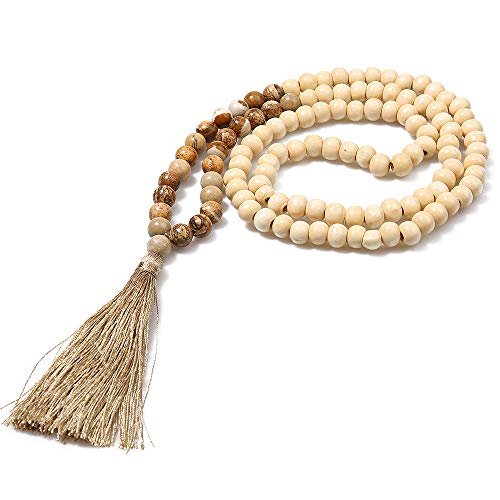 8MM Semi-Precious Gem Stones Wood Mala Bead Necklace | Multicolor Long Tassel Charms Chain Necklace,Handmade Beaded Pendant Necklace for Women Men - color: Wooden+Picture Jasper