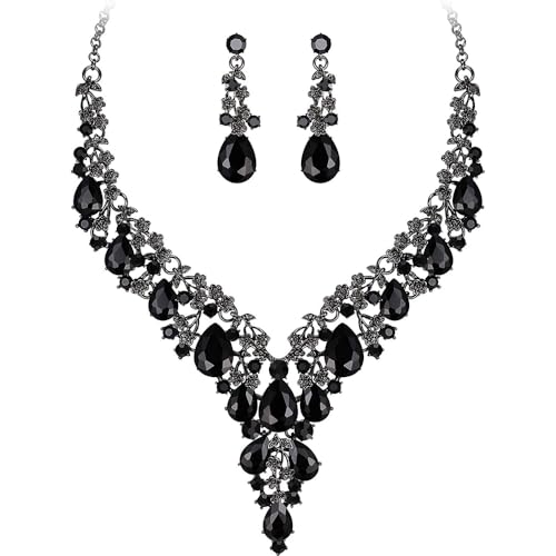 Bridal Bridesmaid Austrian Crystal Jewelry Set, Floarl rhinestone Statement Neckace Teardrop Necklace Drop Dangle Earrings Set - color: Black