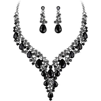 Bridal Bridesmaid Austrian Crystal Jewelry Set, Floarl rhinestone Statement Neckace Teardrop Necklace Drop Dangle Earrings Set - color: Black