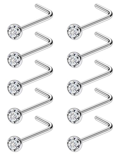 ASTM F136 Titanium Nose Rings 18G 20G 22G Jeweled Clear Cubic Zirconia Nose Studs Ring Screw L-Shaped Bone Hypoallergenic Body Piercing Jewelry for Women 1.5mm 2mm 2.5mm 3mm 10PCS - style: L-Shaped:18G(1.0mm)-3mm CZ