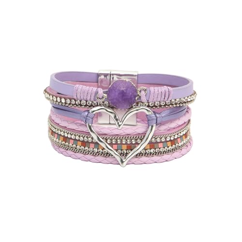 Fuqimanman2020 Heart Leather Wrap Bracelets Boho Stackable Cuff Bangles Resin Stone Rhinestone Bracelets with Clasp Christmas Jewelry Gift for Women - color: Purple