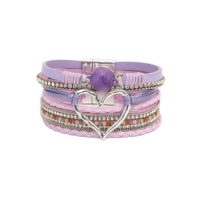 Fuqimanman2020 Heart Leather Wrap Bracelets Boho Stackable Cuff Bangles Resin Stone Rhinestone Bracelets with Clasp Christmas Jewelry Gift for Women - color: Purple