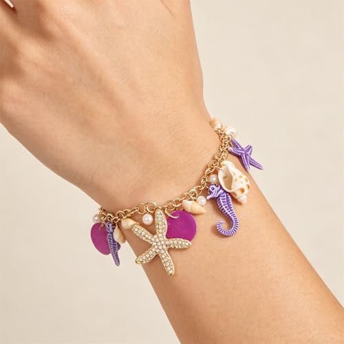 Spiritrain Handmade Starfish Seashell Pearl Bracelets for Women Gold Plated Bohemian Charm Sea Shell Couch Beads Adjustable Chain Anklet Bracelets Hawaiian Beach Holiday Mermaid Costume Jewelry Gifts - color: Purple