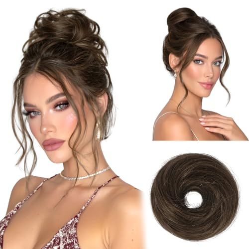 RUWISS 100% Human Hair Bun Small Messy Bun Hair Piece, One Hairpiece Two Styles Mini Natural Looking Scrunchies Updo for Daily, Hair Buns for Thin & Fine Hair Women Ponytail Extension (Brown) - color: 3# Brown