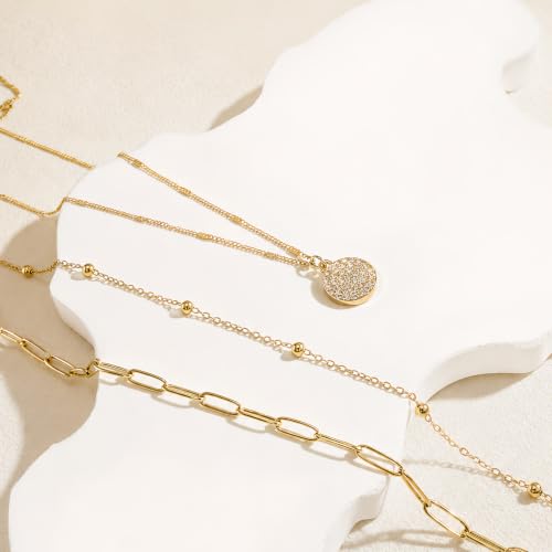 Layered Necklaces for Women, 3 Piece Gold Necklace Set | Paperclip, Satellite & CZ Pendant Chains; 14K Gold Plated Silver Stainless Steel Necklace; Hypoallergenic Non Tarnish Jewelry - color: Gold