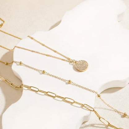 Layered Necklaces for Women, 3 Piece Gold Necklace Set | Paperclip, Satellite & CZ Pendant Chains; 14K Gold Plated Silver Stainless Steel Necklace; Hypoallergenic Non Tarnish Jewelry - color: Gold