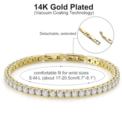 Stainless Steel Adjustable CZ Tennis Bracelet for Women Men | 14K Gold Plated, Round 3mm/4mm/5mm AAAA+ Cubic Zirconia, Dainty Classic, Festival Wedding Jewelry Gift - color: Gold, size: CZ 4mm