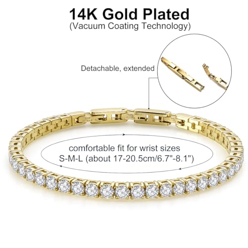 Stainless Steel Adjustable CZ Tennis Bracelet for Women Men | 14K Gold Plated, Round 3mm/4mm/5mm AAAA+ Cubic Zirconia, Dainty Classic, Festival Wedding Jewelry Gift - color: Gold, size: CZ 4mm