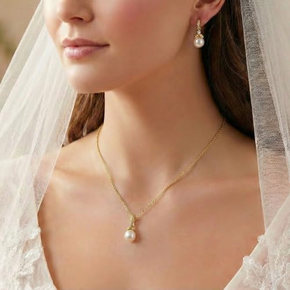 Mariell Pearl Drop Bridal Necklace Earrings Set with CZ Crystals for Bride, Bridesmaid, Birthday Gift - color: Gold Necklace Earrings Set
