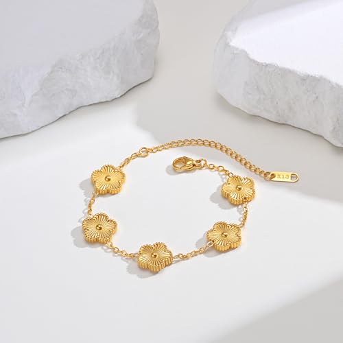 Women Gold Bracelets Jewelry Set - 3Pcs 18K Gold Plated Floral Bracelet,Stainless Steel Charm Bracelet Non-Tarnish,Adjustable Lucky Chain Trendy Gift,Christmas Valentines Birthday Gifts for Girlfriend - style: Gold