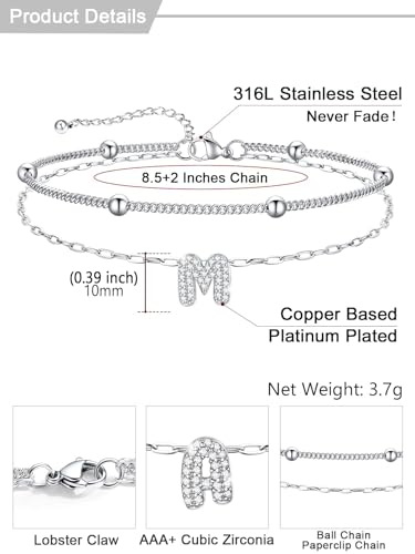 U7 Initial Ankle Bracelets for Women Silver/Gold Anklets Waterproof, 14K Gold Plated Layered Anklets Bracelet Stainless Steel Hypoallergenic 8.5"-10.5" - color: Silver-CZ, size: Medium