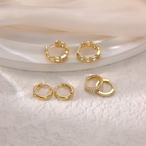 Risamil 3Pairs Gold Hoop Earrings for Women Trendy, 14K Gold Plated Hoops Huggie Earrings Dainty Chunky Earring Stacks Cute Earring Set Gold Jewelry Set for Women Gifts Fashion Accessories - color: 3 pair gold hoops