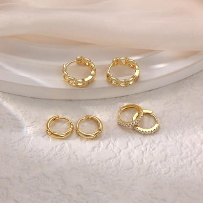 Risamil 3Pairs Gold Hoop Earrings for Women Trendy, 14K Gold Plated Hoops Huggie Earrings Dainty Chunky Earring Stacks Cute Earring Set Gold Jewelry Set for Women Gifts Fashion Accessories - color: 3 pair gold hoops