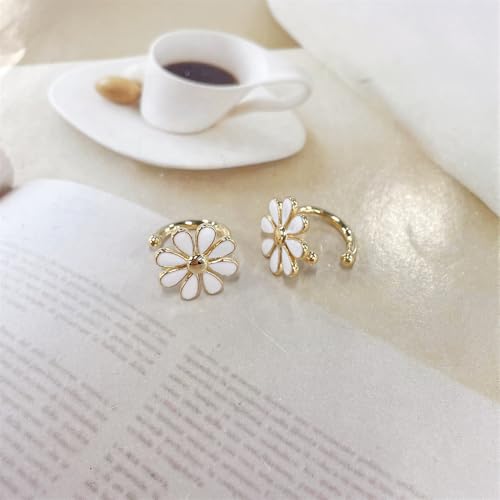 Cute Daisy Flower Ear Cuff Earring Cartilage Clip On Non Piercing Lovely Sweet 14K Gold Plated White/Pink Enamel Floral Fake Huggie Hoops Earrings for Women Hypoallergenic Fashion Trendy Jewelry Gifts 14*15mm - color: White