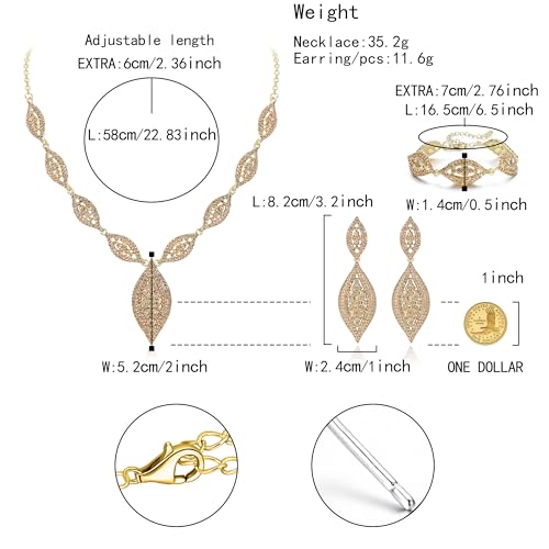 Flyonce Wedding Jewelry Set Rhinestone Crystal Bridal Leaf Necklace Drop Dangle Chandelier Earrings Sets for Women - color: Brown Gold-Tone