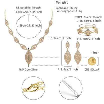Flyonce Wedding Jewelry Set Rhinestone Crystal Bridal Leaf Necklace Drop Dangle Chandelier Earrings Sets for Women - color: Brown Gold-Tone