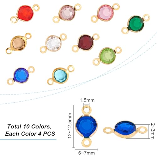 UNICRAFTALE 40pcs 10 Colors 1.5mm Hole 304 Stainless Steel Rhinestone Links Connectors Flat Round Birthstone Links Charm Glass Connector Charms Drop Dangle Pendant for Jewelry Earring Making