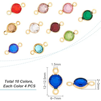 UNICRAFTALE 40pcs 10 Colors 1.5mm Hole 304 Stainless Steel Rhinestone Links Connectors Flat Round Birthstone Links Charm Glass Connector Charms Drop Dangle Pendant for Jewelry Earring Making