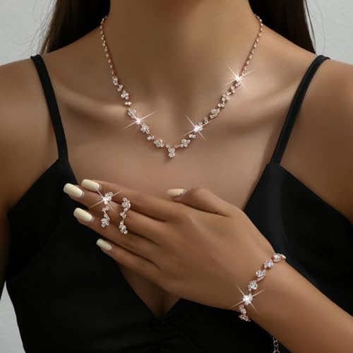 Prom Earrings Necklace Bracelet Set Elegant Crystal Rhinestone Necklace Earrings Bracelet Bridal Wedding Prom Dresses Costume Outfit Gold Jewelry Sets for Women - color: Rose Gold