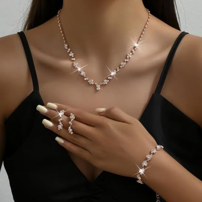 Prom Earrings Necklace Bracelet Set Elegant Crystal Rhinestone Necklace Earrings Bracelet Bridal Wedding Prom Dresses Costume Outfit Gold Jewelry Sets for Women - color: Rose Gold